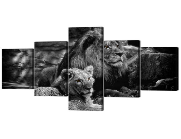 Vintage Black White Animal Pictures Painting On Canvas 5 Piece Giclee Wall Art Prints Lion Pictures Artwork Decor for Living Room Bedroom Poster Strethed Framed Ready to Hang (50''Wx 24''H)