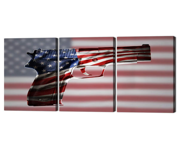 Contemporary Prints Wall Art Canvas Premium American Flag Gun Painting,3 Piece Giclee Print Posters Gallery-wrapped Home Decor Wall Pictures for Living Room Stretched and Framed 12''W x 16''H x 3