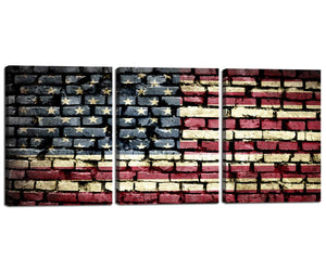 Contemporary Giclee Print American Flag Painting on Canvas Home Decor Wall Art for Living Room,3 Piece Gallery USA Flag on Brick Pictures Prints and Posters Stretched By Wooden Frame 12''W x 16''H x 3