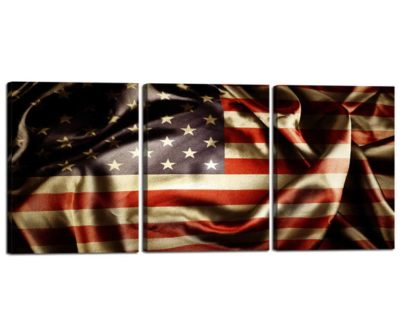 Contemporary Wall Art for Bedroom Living Room Prints Posters 3 Pieces Pictures Gallery-wrapped Black Retro American Flag Home Decor Painting Stretched By Wooden Frame,Ready To Hang 12''W x 16''H x 3