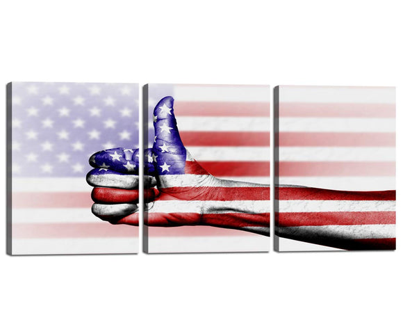 Framed Wall Art Canvas Prints Thumbs up USA Flag Painting Gallery-wrapped Ready To Hang Contemporary 3 Panels American Flag The Picture for Home Modern Decoration Stretched Giclee12''W x 16''H x 3