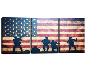 Canvas Artwork Retro USA American Flag Soldier Painting for Living Room 3 Piece Framed Wall Art Modern Home Decor Pictures Independence Day Military Giclee Prints Posters Stretched 12"W x 16"H x 3