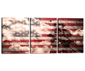 Giclee Print Poster Wall Art for Living Room Decor American Flag Soldier Canvas Painting Stretched Framed 3 Panel Artwork Home Modern Decoration Pictures USA Flag Independence Day 12"W x 16"H x 3