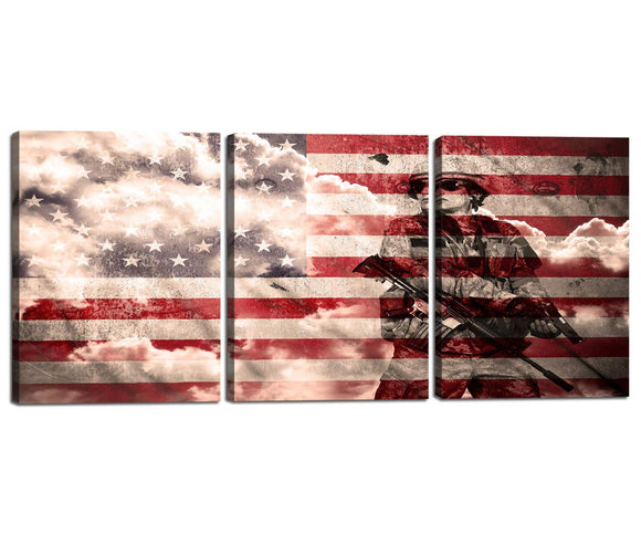 Giclee Print Poster Wall Art for Living Room Decor American Flag Soldier Canvas Painting Stretched Framed 3 Panel Artwork Home Modern Decoration Pictures USA Flag Independence Day 12