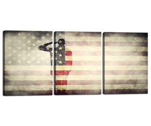 Wall Art Picture Retro Fade USA Flag Soldier Salute Printed Canvas Painting for Home Modern Decoration 3 Piece American Military Flag Poster Giclee Artwork Stretched with Wooden Framed 12"W x 16"H x 3