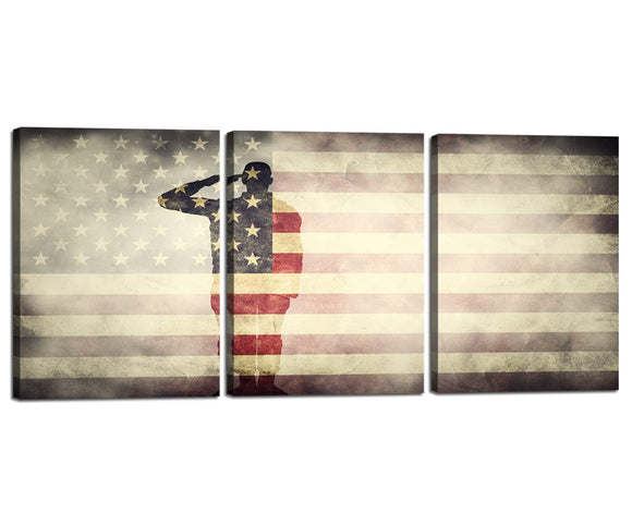 Wall Art Picture Retro Fade USA Flag Soldier Salute Printed Canvas Painting for Home Modern Decoration 3 Piece American Military Flag Poster Giclee Artwork Stretched with Wooden Framed 12