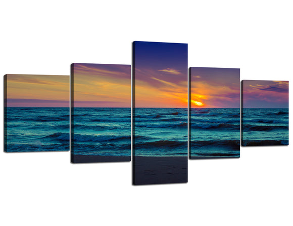Modern Seascape Wrapped Giclee Canvas Prints 5 Panels Dark Blue Sky Sunset over the Beach Wall Art for Home Decor Stretched and Framed Ready to Hang - 50''W x 24''H