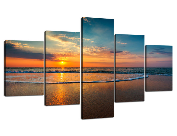5 Panels Ocean Beach Pictures Prints on Canvas Wall Art Dark Blue Sky Sunset Prints and Posters Modern Gallery-Wrapped Giclee Prints Artwork for Home and Office Decor - 60''W x 32''H