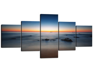 5 panels Ocean Canvas Prints Wall Art White Wave Blue Sky with an Orange Glow on the Beach Modern Wall Decor Framed Gallery Wrapped Giclee Print Artwork Easy for Hanging - 50''W x 24''H