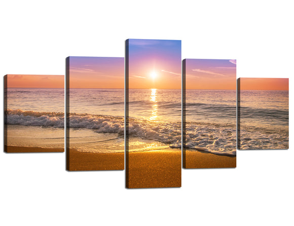 5 Panels Modern Decorative Artwork Beautiful Beach Sunrise Colorful Sky Pictures on Canvas Giclee Prints Wall Art Stretched and Framed Ready to Hang - 60''W x 32''H