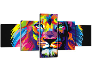 Wall Art Pictures Modern Canvas Home Decor Living Room HD Prints 5 Pieces Rainbow African Lion Canvas Paintings Animal Poster Framework Artwork Framed Strethed Ready to Hang 50" W x 24" H