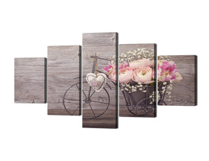 5 Piece Modern Flowers Theme Canvas Wall Art - Pink Rose With Bike on on Vintage Wood Background - Painting Artwork Streched and Framed Ready to Hang - 60''W x 32''H