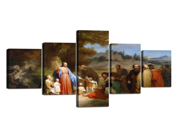 Yan Quan 5 Panels Framed Wall Art Let the Children Come Here Oil Painting Pictures on Canvas Prints Modern Gallery-Wrapped Ciclee Prints Artwork for Home Decoration, Ready to Hang - 50''Wx24''H
