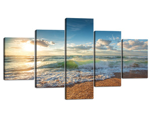 Yan Quan Yan Quan Canvas Wall Art Blue Sky White Wave Ocean Sunrise Pictures Painting Artwork 5 Panels Modern Seascape Gallery-Wrapped Giclee Canvas Prints and Posters for Home Decor - 70" W x 40" H
