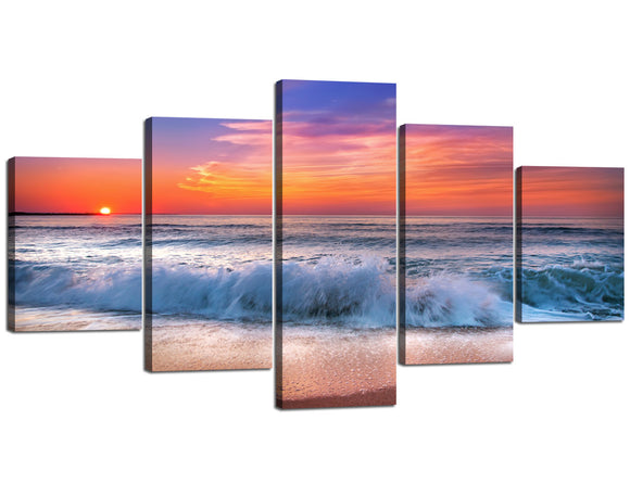 Yan Quan Modern Seascape Artwork for Wall Purple Sunset Large Wave on the Ocean Beach Prints and Posters 5 Panels Gallery-Wrapped Giclee Canvas Wall Art for Home Decor - 60''W x 32''H