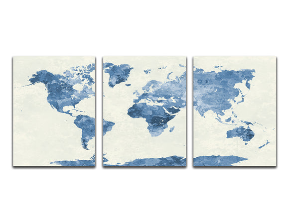 Wall Art Prints Blue Watercolor World Map Painting Abstract Pictures Prints On Canvas 3 Piece Posters Canvas Artwork Living Room Home Bedroom Decoration Stretched and Framed 36