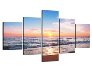 Yan Quan Large Seascape Theme Wall Artwork 5 Panels Sunrise Blue Sky Ocean Beach Painting Pictures on Canvas Wall Art Wrapped with wooden Frame for Home and Office Decor - 70" W x 40" H