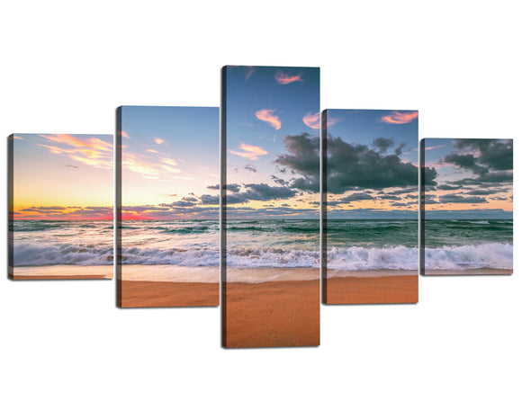 5 Piece Seascape Canvas Wall Art White Wave and Beautiful Cloud and a Orange Glow on the Beach Painting Prints Artwork Modern Framed Decorative Artwork Easy to Hang - 70