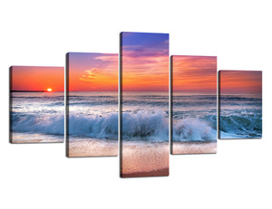 Canvas Painting Wall Art Sunset Beach Theme Framed Ready to Hang 5 Piece Purple Sunset Large Wave Prints and Posters Wrapped with Wooden Frame Easy for Hanging - 70"W x 40"H