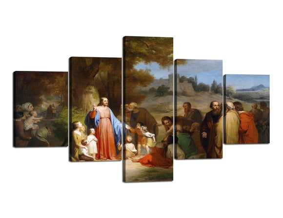 Modern Wal Art Painting 5 Panels Let the Children Come Here Famous Oil Painting Reproduction Artwork Stretched and Framed Ready to Hang for Home Decor - 70''W x 40''H