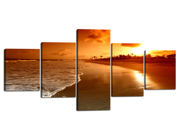 Yan Quan 5 Panels Red Sun Canvas Prints Wall Art Ocean Beach Painting Decorative Artwork Modern Stretched and Framed Seascape Giclee Prints and Posters for Home Decoration - 50''W x 24''H