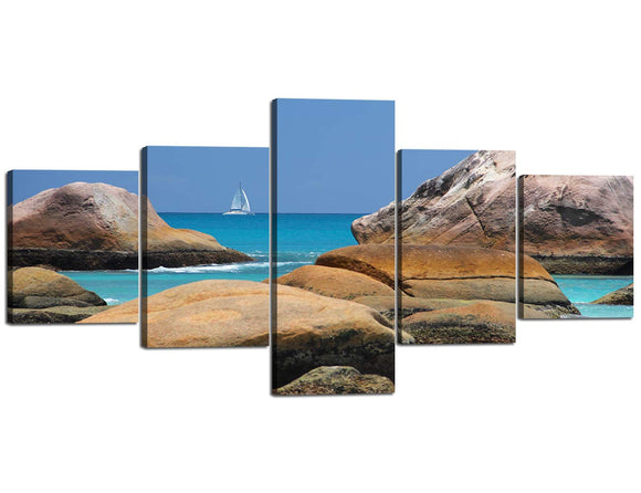 5 Panels/ 5 Pieces/PCS Canvas Prints Wall Art Boat on Sea and Stone Picture Paintings for Bedroom Office Decorations Modern Stretched and Framed Ship Artwork - 50''Wx24''H