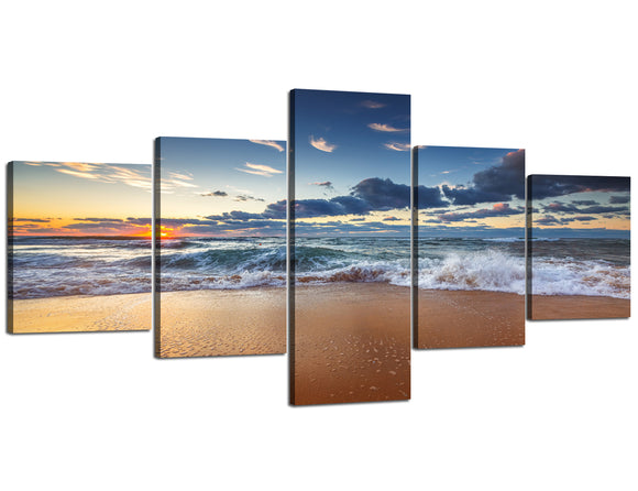 Yan Quan 5 Panels Ocean Seascape Framed Canvas Posters Wall Art Sunrise over the Beach Theme Picture Prints Artwork Modern Home Decor Decoration Gift for Living Room Decor - 50''W x 24''H