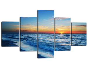 Modern Beach Picture Prints Canvas Wall Art 5 Panels Bright Sunrise and Blue Sky over the Beach Prints and Posters Wrapped with Woodern Frame Easy to Hang for Home Decor - 70"W x 40"H