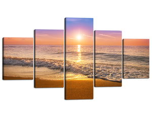 Yan Quan 5 Panels Beach Giclee Canvas Wall Art for Home Decor Modern Colorful Sunrise over the Beach Stretched and Framed Artwork for Home and Office Decoration - 70" W x 40" H