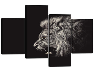 4 Panel Wall Art Brown Fierce Lion Painting The Picture Print On Canvas Animal Pictures for Home Decor Decoration Gift Piece Stretched by Wooden Frame,Ready to Hang(40''Wx28''H)
