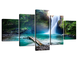 5 Piece/5 Panels Large Framed Waterfall Hidden in The Tropical Jungle Panel Canvas Painting Picture Pic Artwork Print Wall Art Decor Posters for Home Decor Ready to Hang(60''Wx32''H)