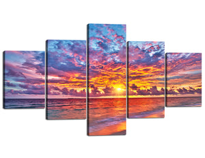 Contemporary Seascape Wall Art Decor 5 Panels Beautiful Sunset Glow over the Beach Pictures Prints Modern Gallery-Wrapped Giclee Canvas Prints Artwork for Home Decor - 70" W x 40" H