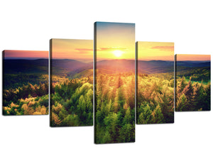 5 Panel Sunset Over Forest Hills Wall Art for Office Decor Picture Canvas Prints of Sunshine Painting Stretch Oil Picture Waterproof Artwork Painting for Living Room Ready to Hang(70''Wx40''H)