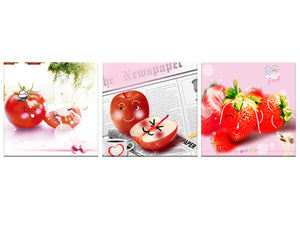 Smile Face Red Tomato Painting on Canvas 3 panel Fruit Wall Art,Strawberry Apple Orange HD Prints Pictures Giclee Artwork for Living Room Home Decor Wooden Framed Stretched Ready to Hang(48''Wx16''H)
