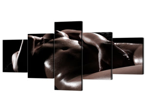 5 Panels Modern Canvas Wall Art Sexy Nude Lady Body Water Drops in Dark Background Giclee Artwork Home Decoration Stretched Framed Ready to Hang - 50''W x 24''H