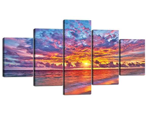 Yan Quan Seascape Ocean Canvas Art Prints with Beautiful Sunset Glow Pictures Painting Prints 5 Panels Modern Seaview Decorative Prints and Posters for Living Room Decoration - 60''W x 32''H