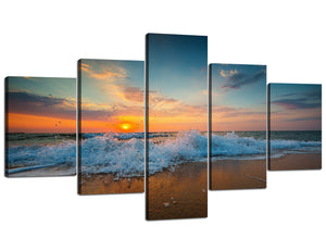 Yan Quan Ocean Beach Art Prints Modern Sunrise over the sea Picture Prints on Canvas Wall Art 5 Panels Gallery-wrapped Framed Giclee Prints for Home and Office Decoration - 70" W x 40" H