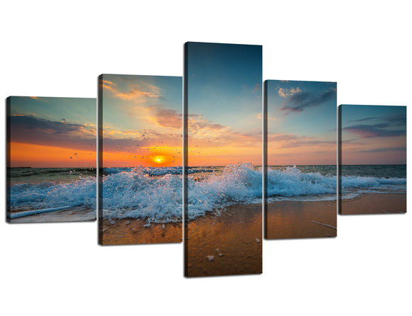 Yan Quan Ocean Beach Art Prints Modern Sunrise over the sea Picture Prints on Canvas Wall Art 5 Panels Gallery-wrapped Framed Giclee Prints for Home and Office Decoration - 70