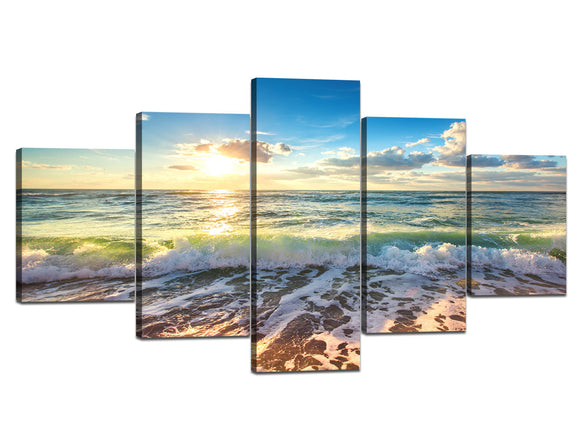 Yan Quan 5 Panels Modern Living Room Decor Sunrise Blue Sky White Cloud Large White Wave Picture Print on Canvas Wall Art Seascape Decorative Artwork for Home and Office Decoration - 60''W x 32''H