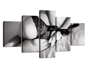 5 Piece Set Black and White Sexy Lace Seductive Buttocks Canvas Picture Prints Posters Wall Art Painting for Living Room Home Decoration Wall Decor Wooden Framed (70''W x 40''H)