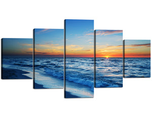 5 Panels Ocean Beach Canvas Wall Art Blue Sky Bright Sunrise White Wave Decorative Wall Artwork Modern Home and Office Decor Stretched and Framed Ready to Hang - 60''W x 32''H
