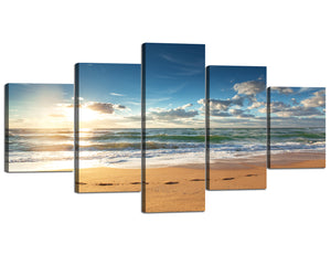 5 Panels Modern Canvas Art Print Sunrise Blue Sky White Cloud Large White Wave Paintging on Framed Wall Art Canvas Stretched and Framed Ready to Hang - 60''W x 32''H