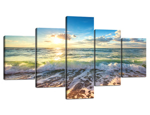 Ocean Beach Canvas Prints Wall Art Sunrise Blue Sky White Cloud Large White Wave Decorative Artwork Modern Wall Decor Gallery Wrapped Print and Poster Ready to Hang - 70"W x 40"H