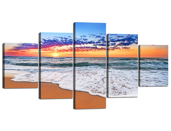 Yan Quan 5 Panels High Resolution Ocean Canvas Wall Art Decor Colorful Sunset over the Beach Artwork Easy to Hang Modern Gallery-Wrapped Giclee Prints Artwork for Home Decor - 60''W x 32''H