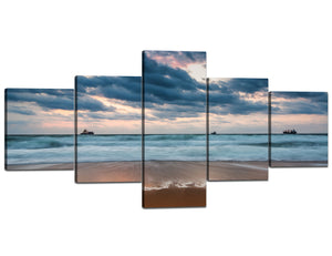 Yan Quan Seaview Theme 5 Panels Large Canvas Wall Art Dark Cloud White Wave Three Boats on the Beach Painting Prints on Canvas Modern Framed Ocean Giclee Artwork for Home Decor - 50''W x 24''H