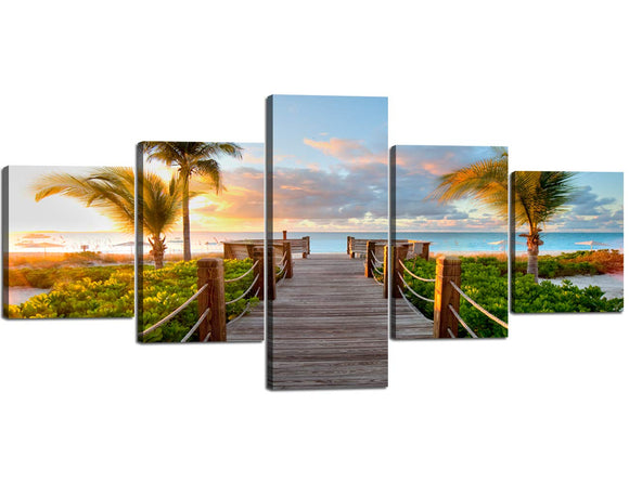 Stretched By Wooden Frame,Ready To Hang Giclee Artwork Modern Landscape Canvas Prints for Bedroom Home Decorations 5 Panels Wall Pictures Sea Seascape Boardwalk Paintings for Living Room(50''Wx24''H)