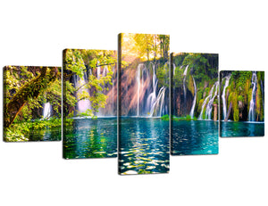Waterfall Paintings Canvas Wall Art for Living Room Posters and Prints Nature Home Decorations 5 Piece Pictures Framed Stretched Ready to Hang (60"W X 32"H)