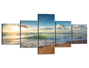 Yan Quan Modern Seascape Home Office Decor Large White Wave and Sunrise over the Beach Pictures Painting for Bedroom Decoration 5 Panels Modern Framed Seascape Giclee Artwork - 50''W x 24''H