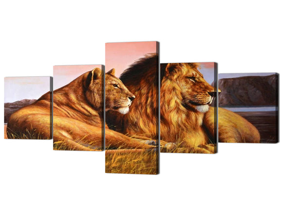 Yan Quan Modern Home Decor Stretched and Framed Ready to Hang 5 Panels Wild Lioness and Lion on The Prairie Picture Prints on Canvas Wall Art for Living Room Decoration - 50