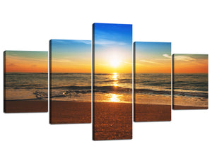 5 Panels Ocean Beach Theme Modern Giclee Artwork Blue Sky Sunrise over the sea Prints Wall Art Painting Stretched and Framed Ready to Hang for Home Decoration - 70"W x 40"H